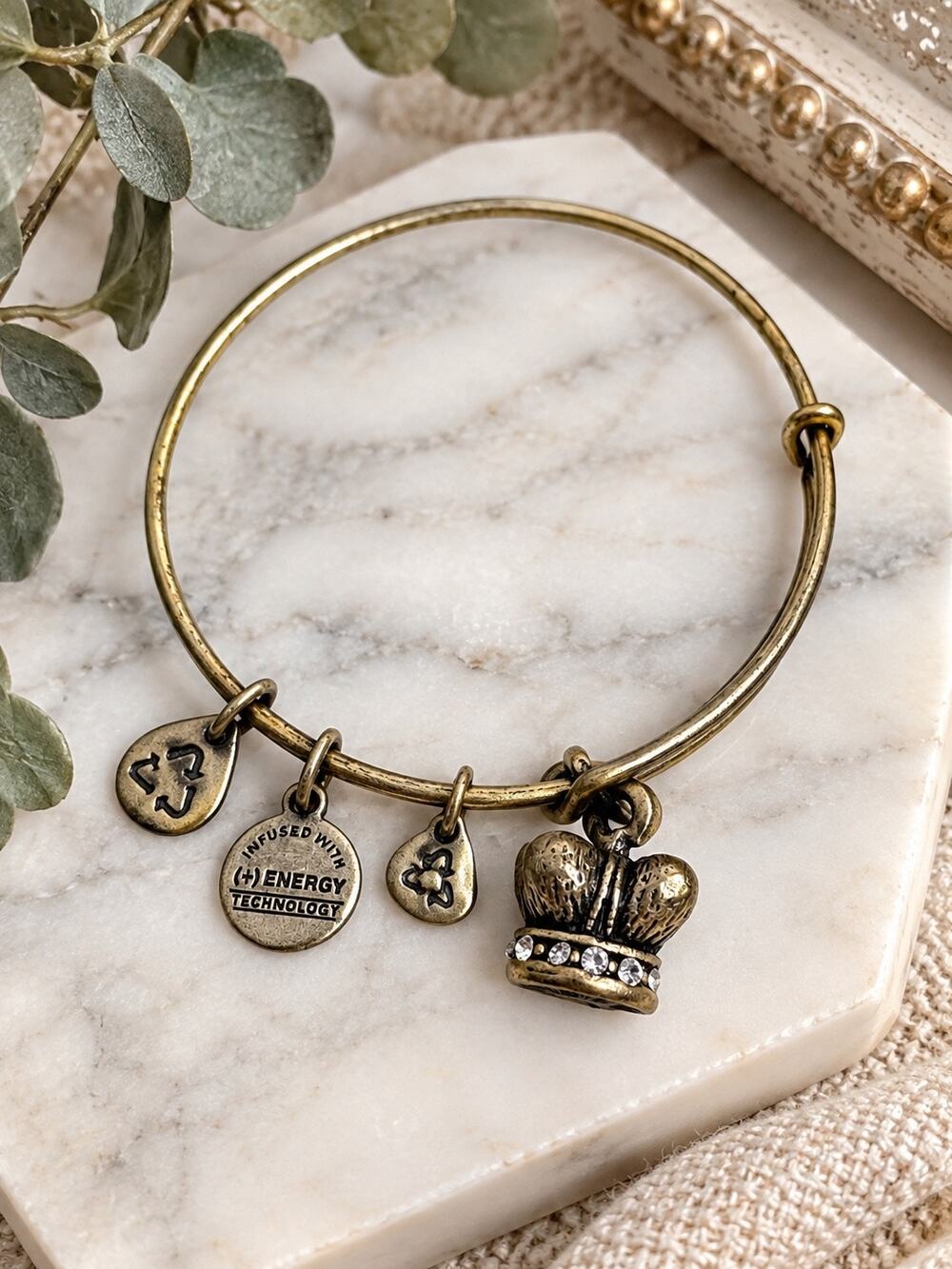 Alex and Ani Crown Bangle Bracelet Gold Tone Charm Expandable